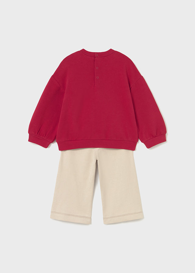 COMPLETO FELPA ROSSA CON FUNGO E CONIGLIO più PANTALONE LARGO COLOR SABBIA