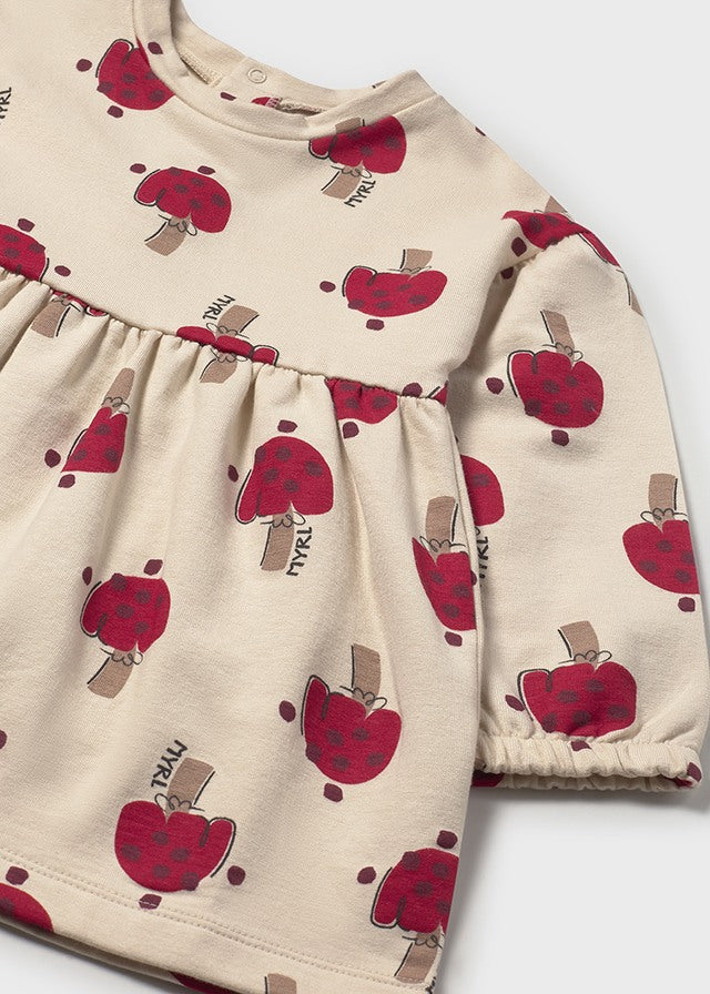 VESTITO BEIGE CON STAMPA A FUNGHI ROSSI