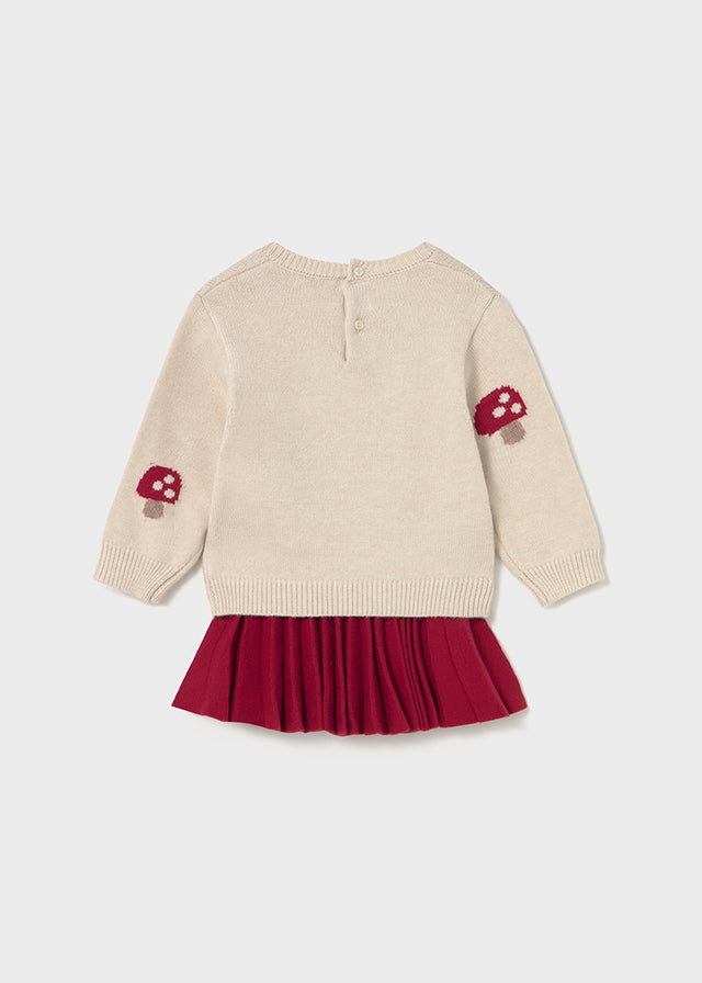 COMPLETO MAGLIONCINO BEIGE CON FUNGHI ROSSI E GONNA ROSSA