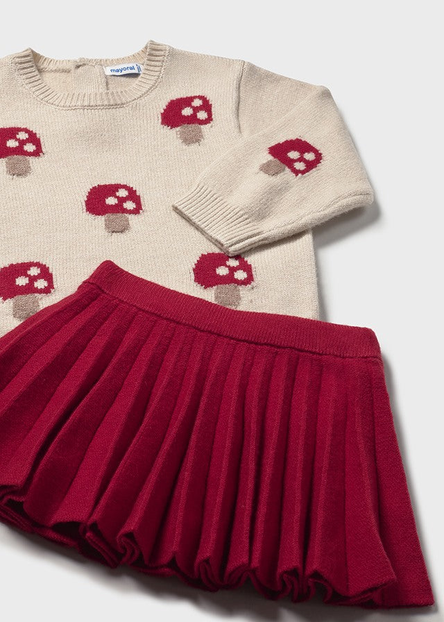 COMPLETO MAGLIONCINO BEIGE CON FUNGHI ROSSI E GONNA ROSSA