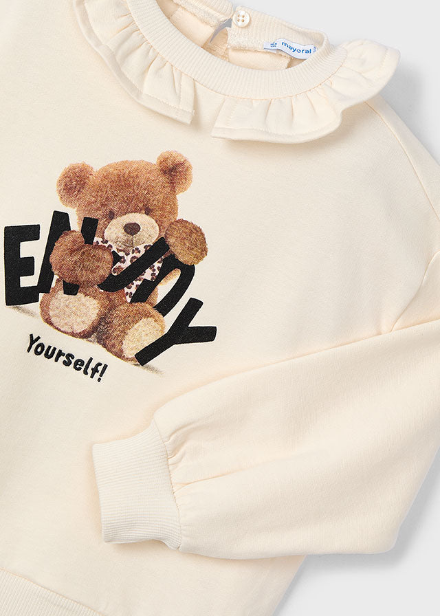 FELPA BIANCA CON COLLO LAVORATO E STAMPA ORSETTO