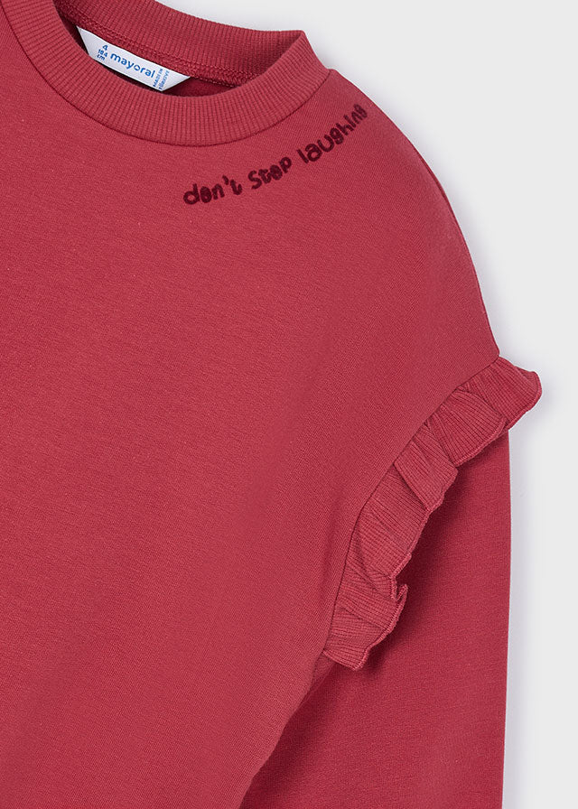 FELPA GIROCOLLO CILIEGIA CON STAMPA GATTO E SAETTA E MANICHE VOLANT