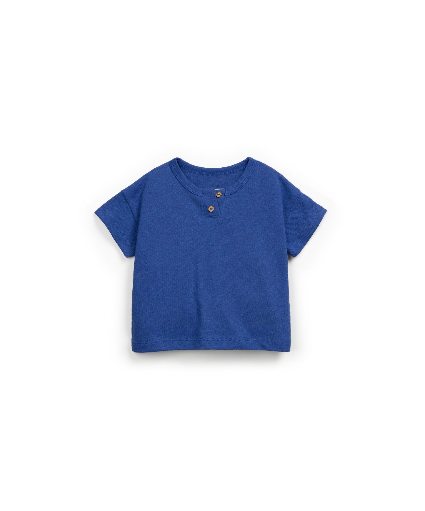 T-SHIRT BLU CON COLLO SERAFINO E BOTTONCINI DI LEGNO