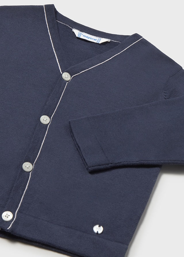 CARDIGAN BLU CON BOTTONCINO MADREPERLA E BORDO PANNA