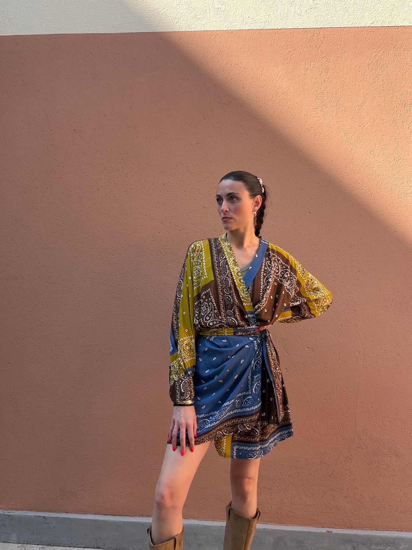 Vestito manica lunga stampa patchwork bandana