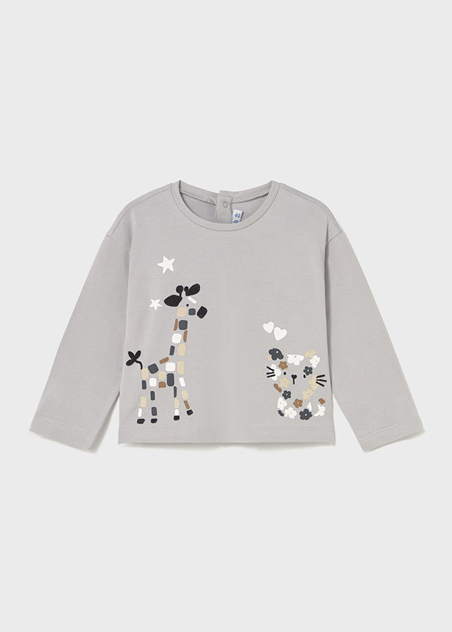T-SHIRT GRIGIA CON STAMPE GIRAFFA E GATTO