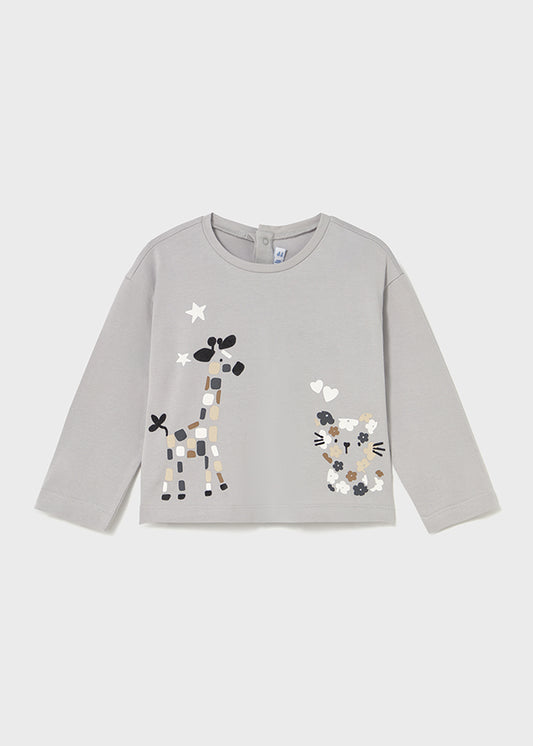 T-SHIRT GRIGIA CON STAMPE GIRAFFA E GATTO