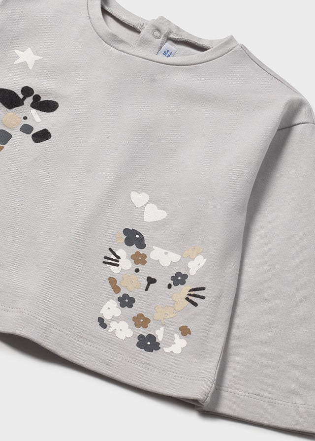 T-SHIRT GRIGIA CON STAMPE GIRAFFA E GATTO