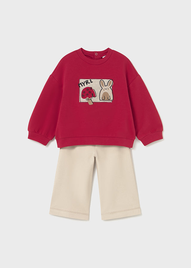 COMPLETO FELPA ROSSA CON FUNGO E CONIGLIO più PANTALONE LARGO COLOR SABBIA