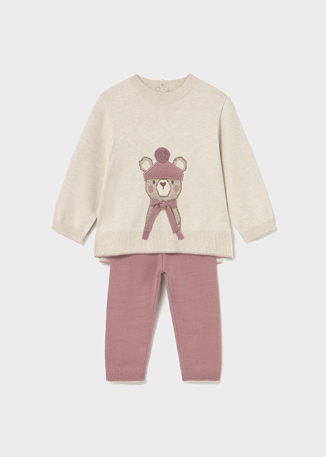 COMPLETO MAGLIONCINO BEIGE E ROSA CON ORSETTO, LEGGINGS ROSA