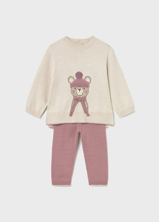 COMPLETO MAGLIONCINO BEIGE E ROSA CON ORSETTO, LEGGINGS ROSA