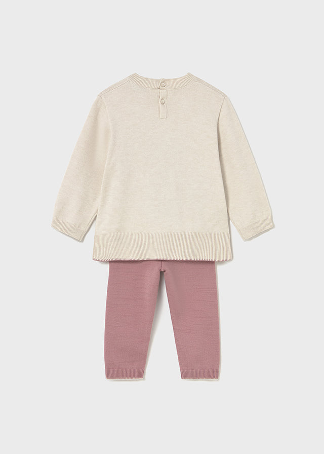 COMPLETO MAGLIONCINO BEIGE E ROSA CON ORSETTO, LEGGINGS ROSA