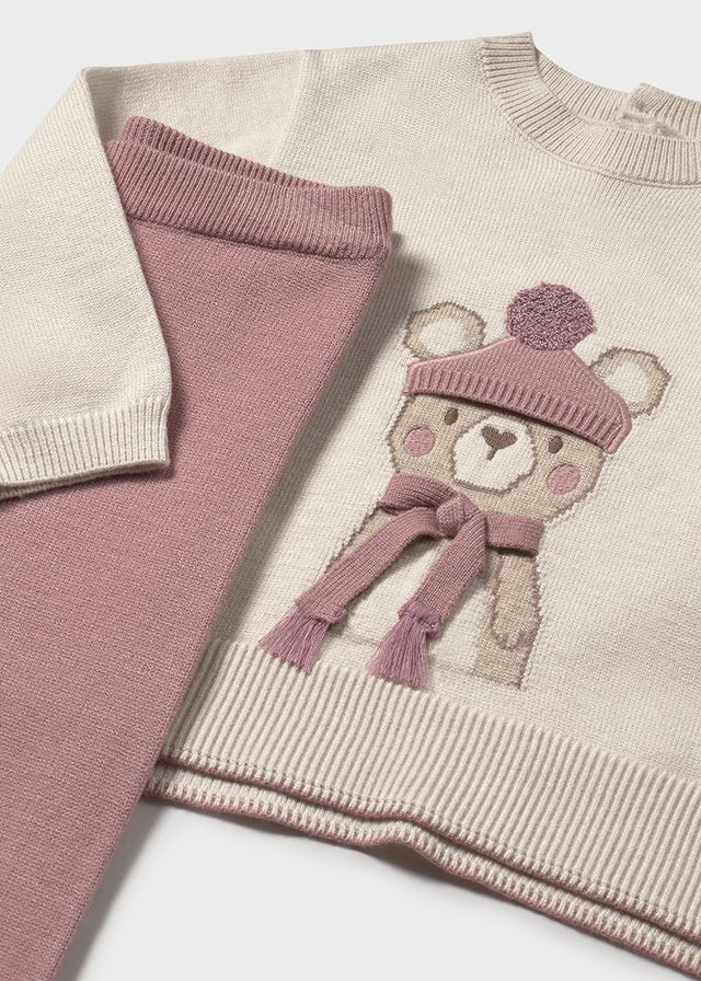 COMPLETO MAGLIONCINO BEIGE E ROSA CON ORSETTO, LEGGINGS ROSA