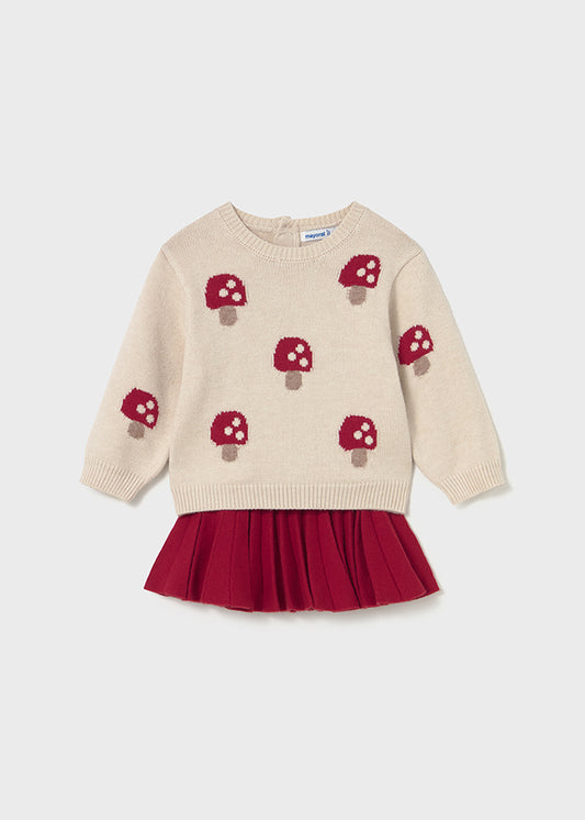 COMPLETO MAGLIONCINO BEIGE CON FUNGHI ROSSI E GONNA ROSSA