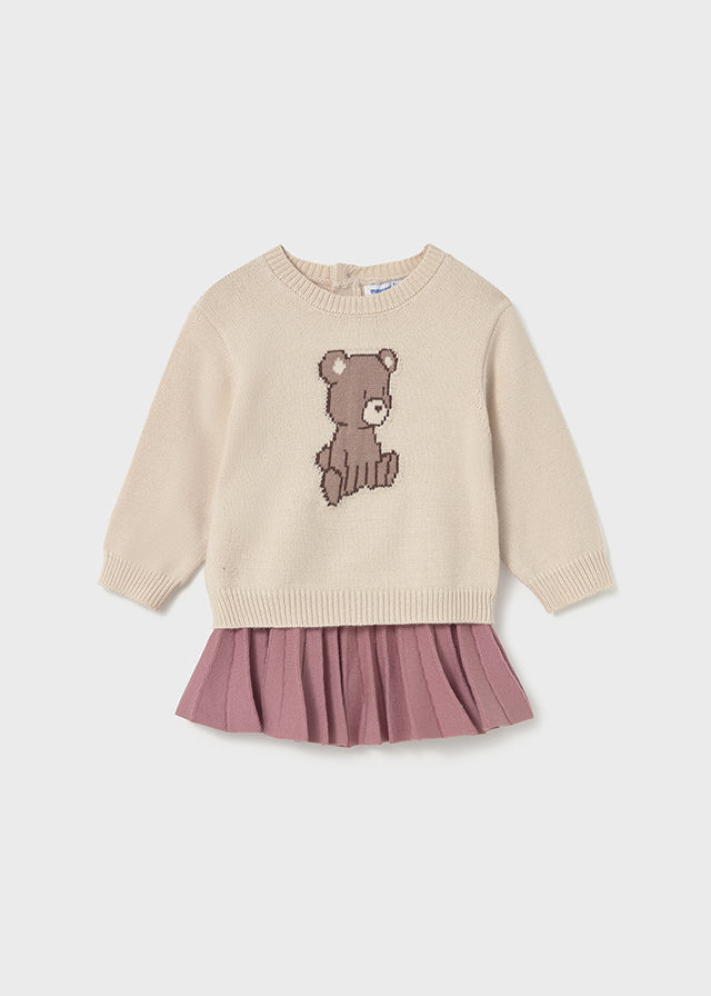 COMPLETO MAGLIONCINO BEIGE CON ORSETTO E GONNA ROSA