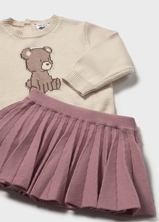 COMPLETO MAGLIONCINO BEIGE CON ORSETTO E GONNA ROSA