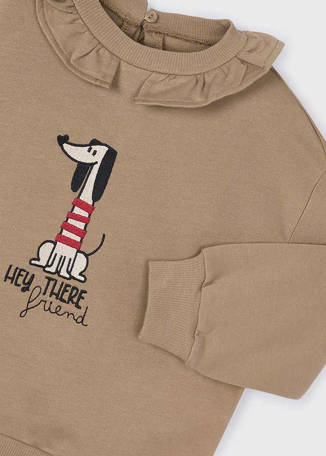 FELPA GIROCOLLO CAMMELLO CON COLLO VOLANT E STAMPA CAGNOLINO