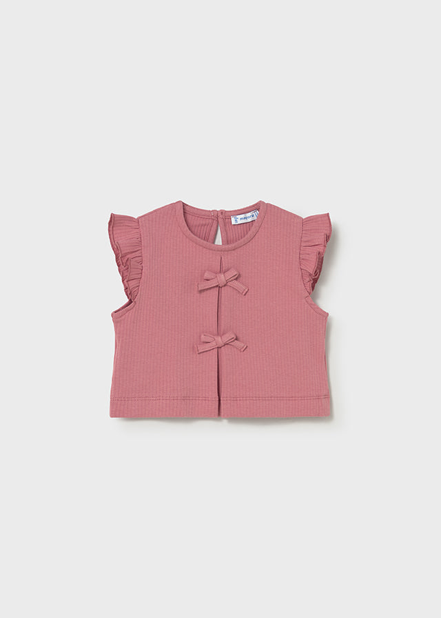 MAGLIA A MANICHE CORTE A COSTINE ROSA CON FIOCCHI