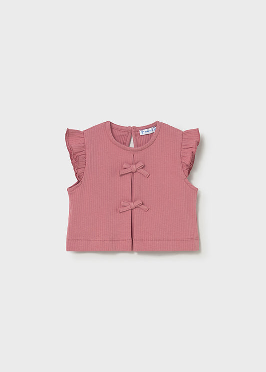 MAGLIA A MANICHE CORTE A COSTINE ROSA CON FIOCCHI