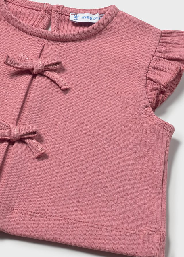 MAGLIA A MANICHE CORTE A COSTINE ROSA CON FIOCCHI