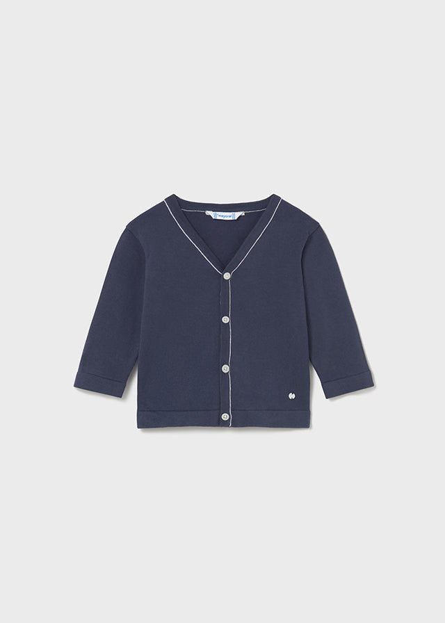 CARDIGAN BLU CON BOTTONCINO MADREPERLA E BORDO PANNA