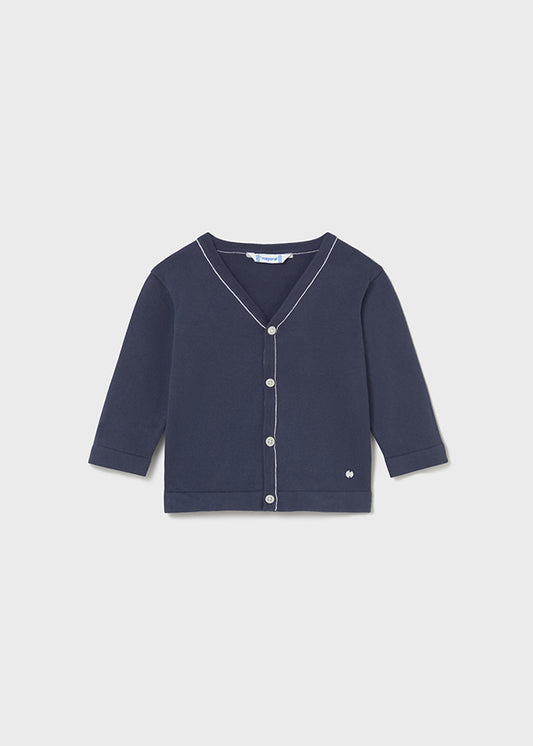 CARDIGAN BLU CON BOTTONCINO MADREPERLA E BORDO PANNA