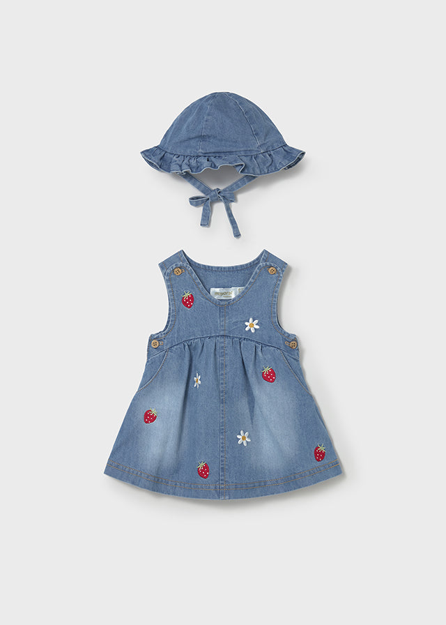 ABITO DENIM CON FRAGOLINE E MARGHERITE