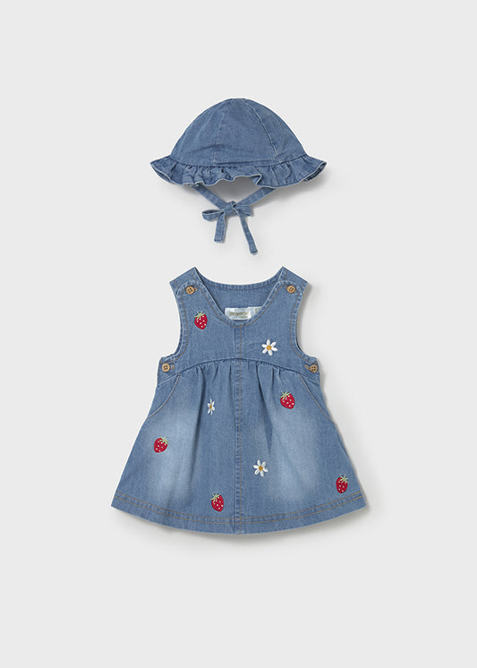 ABITO DENIM CON FRAGOLINE E MARGHERITE