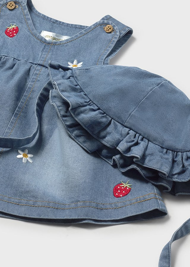 ABITO DENIM CON FRAGOLINE E MARGHERITE