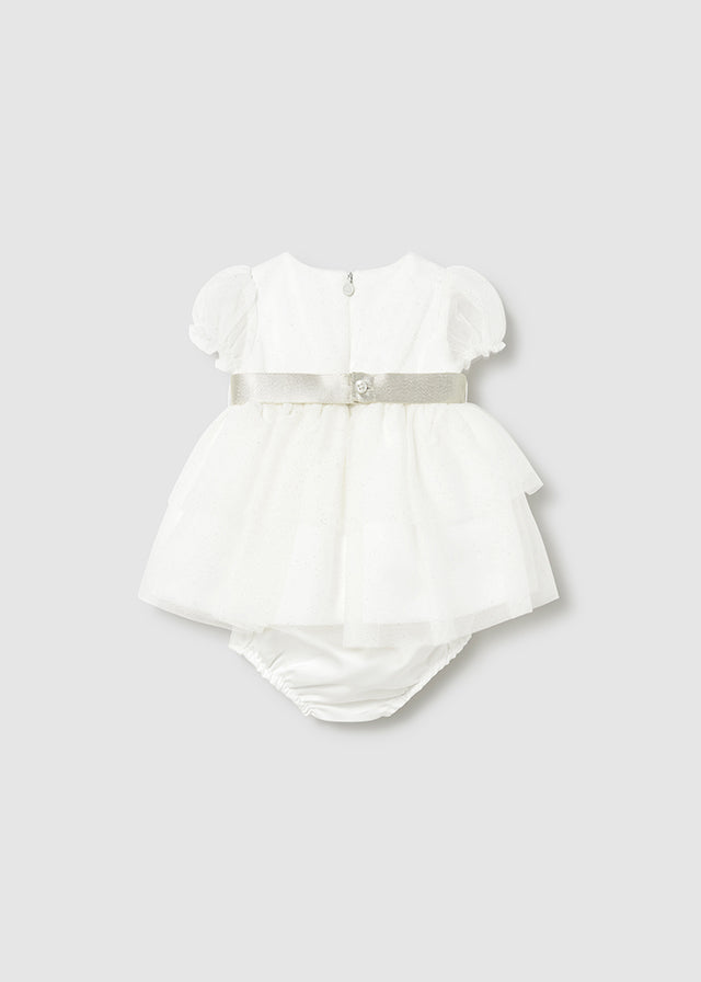 ABITO CON TULLE, BRILLANTINI  E CINTURA DORATA IN RASO