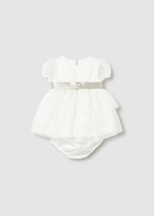 ABITO CON TULLE, BRILLANTINI  E CINTURA DORATA IN RASO