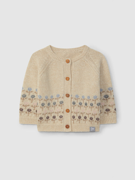 CARDIGAN CIPRIA CON BOTTONI DI LEGNO E SSTAMPA GEOMETRICA FIORI