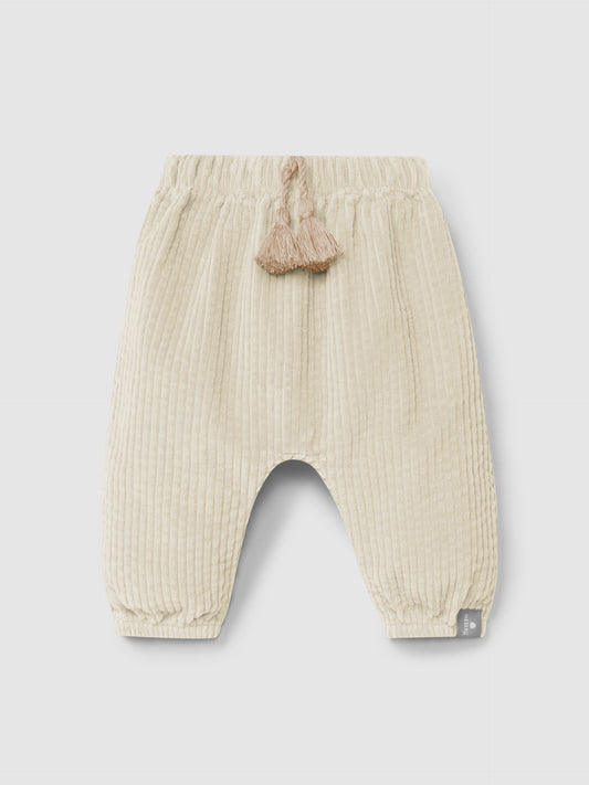 PANTALONE DI VELLUTO CON FIOCCO EFFETTO CINTA, COLOR SABBIA COSTINA GROSSA