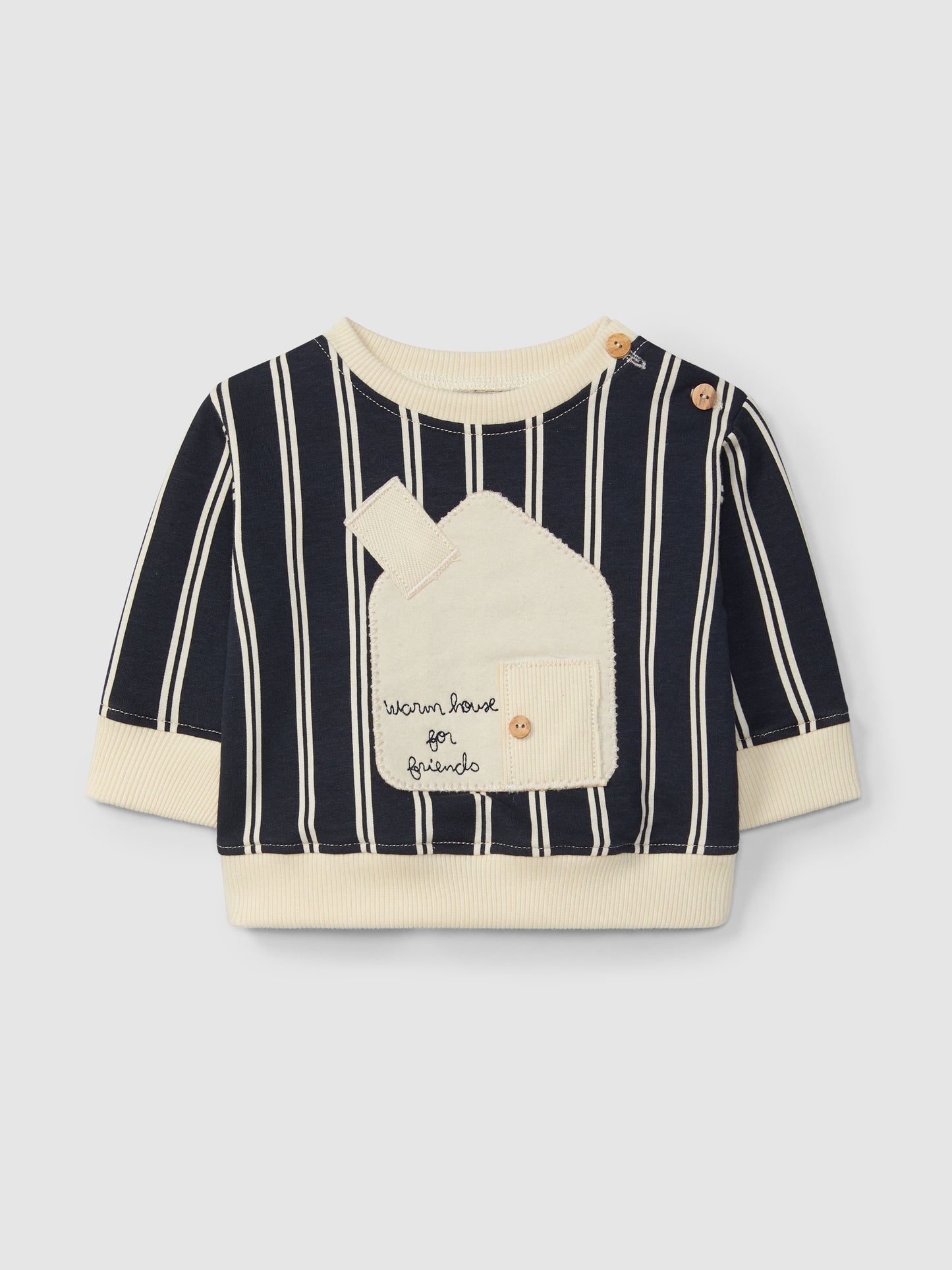 FELPA GIROCOLLO GESSATA BLU E BIANCA CON TEMA CASETTA