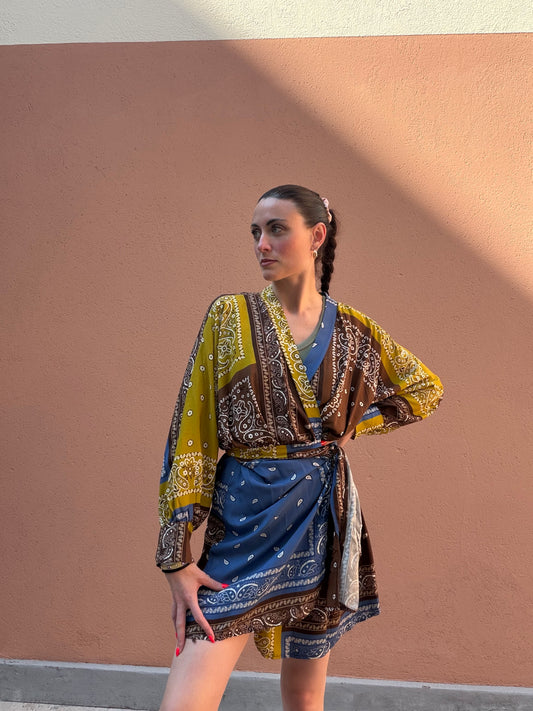 Vestito manica lunga stampa patchwork bandana