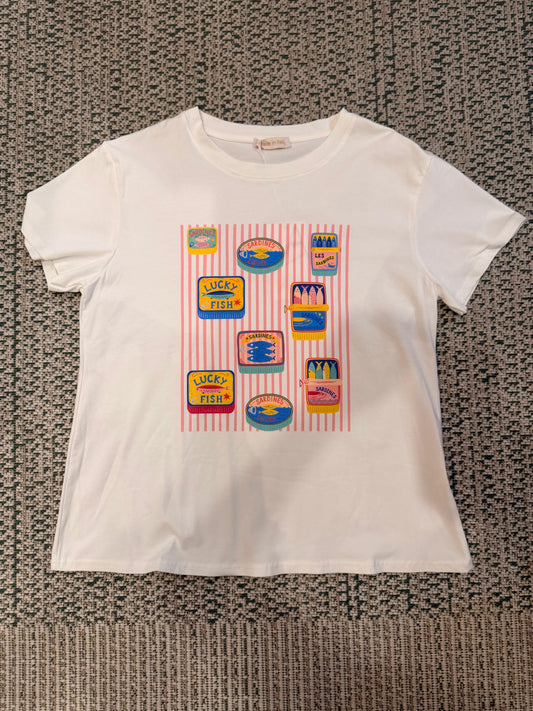 t-shirt bianca con stampa sardine